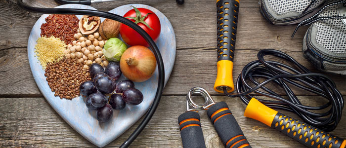 collage of healthy food and workout equipment